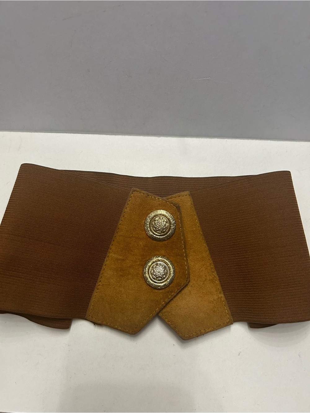 Vintage Wide Brown Elastic Waist Belt with Suede and Gold Tone Ornate Buttons